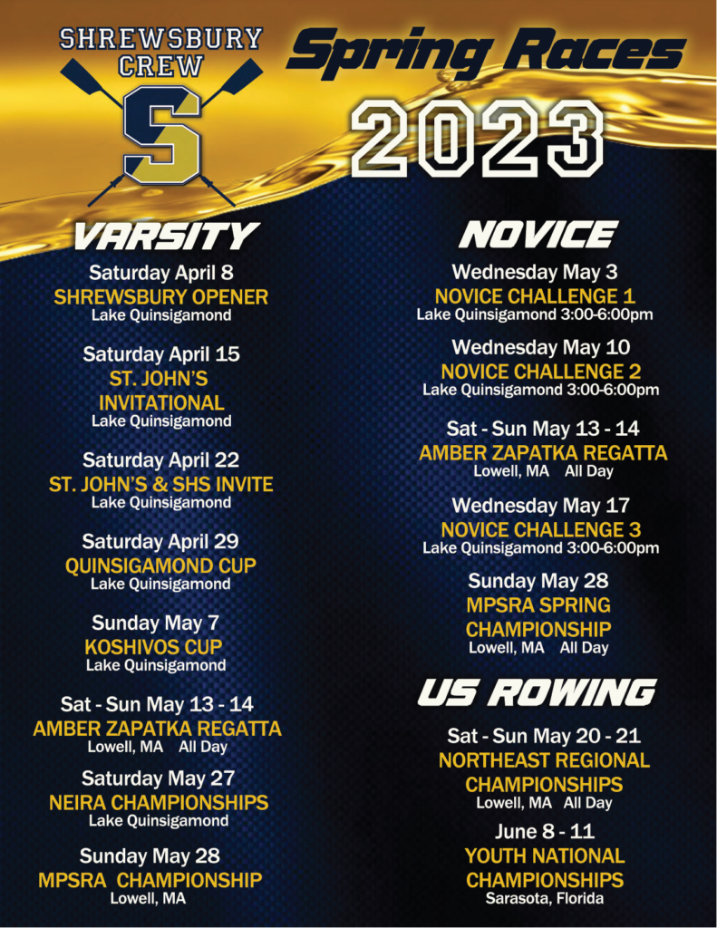 This image shows the Shrewsbury High School Crew schedule for Spring 2023